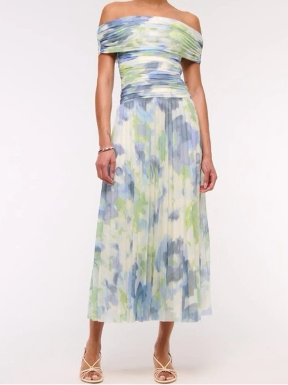 Abercrombie Giselle mesh drop waist Off-Shoulder Watercolor Maxi Dress NWT MP